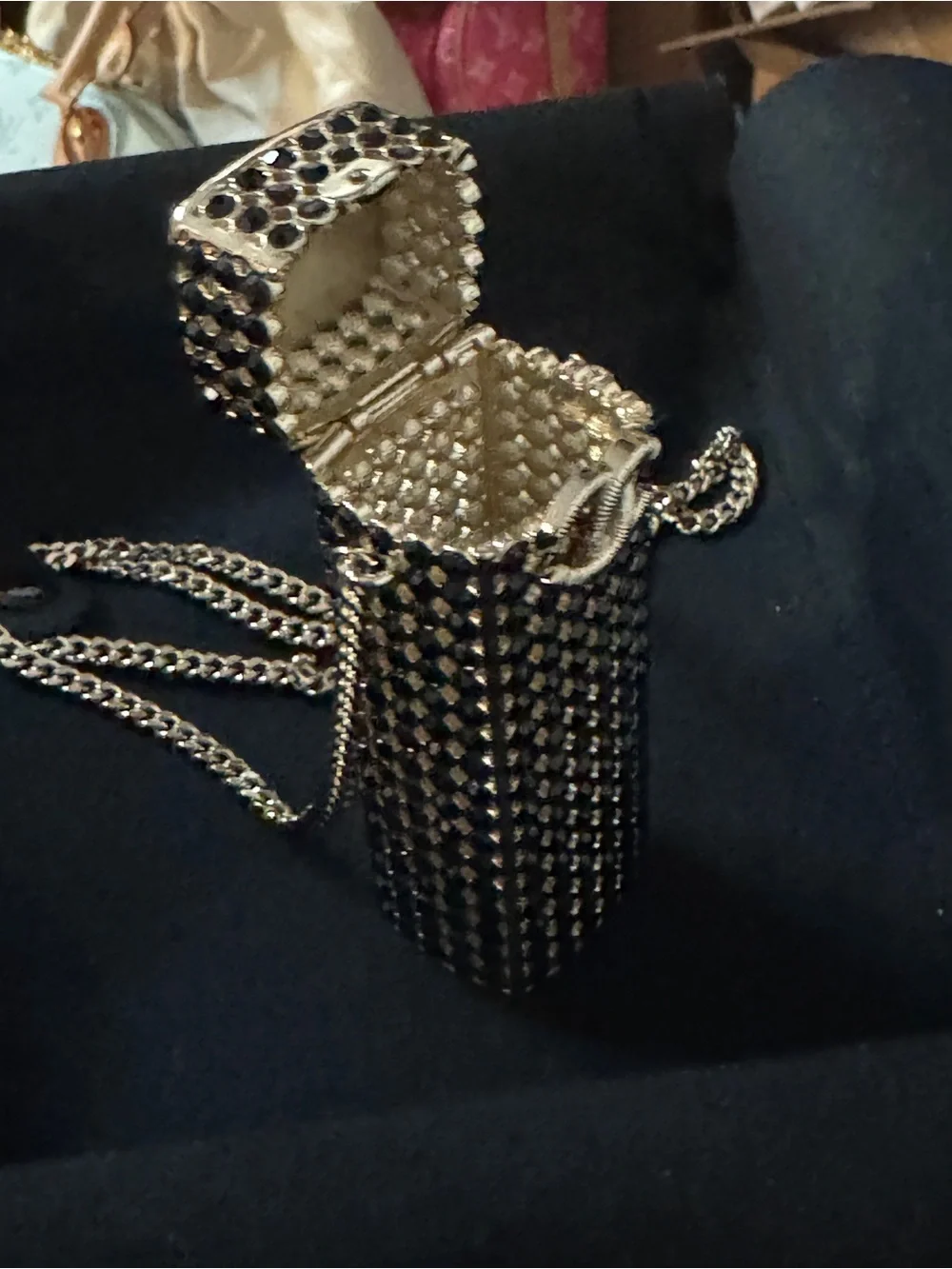 CHANEL Black and Gold Crystal Lipstick Pendant Necklace